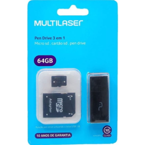 Pen Drive Multilaser 3 em 1 -  Cartão sd 64GB + Micro sd + Pen Drive